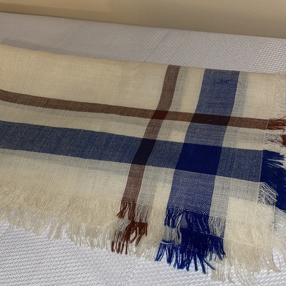 Tweedmill lambswool unisex scarf lambs wool cream blue brown plaid stripe light - Picture 3 of 6